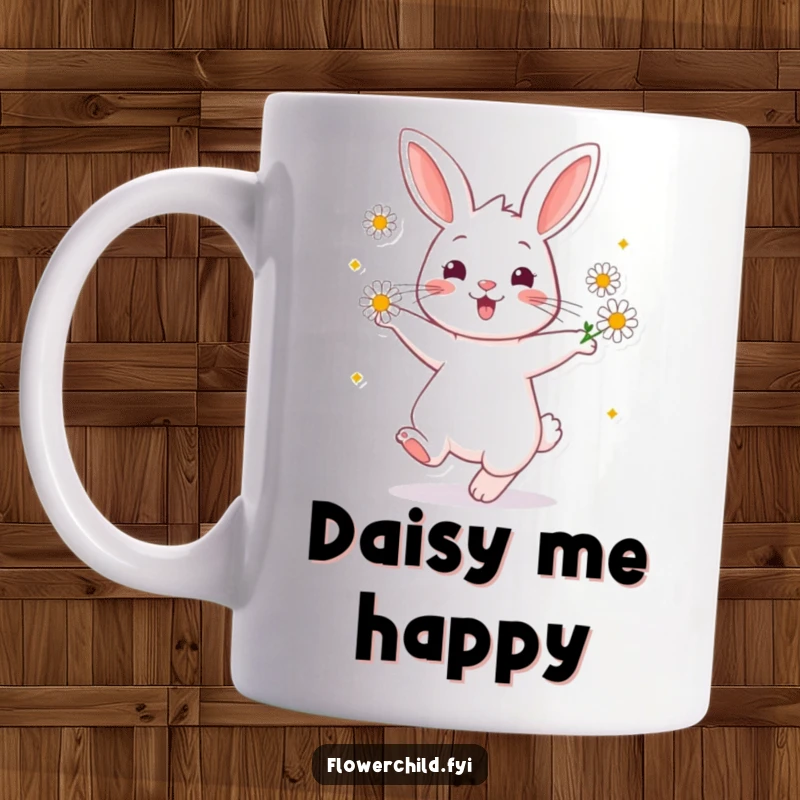 Funny Mug featuring a cheerful rabbit twirling joyfully, with daisies adorned around its ears, celebrating spring.