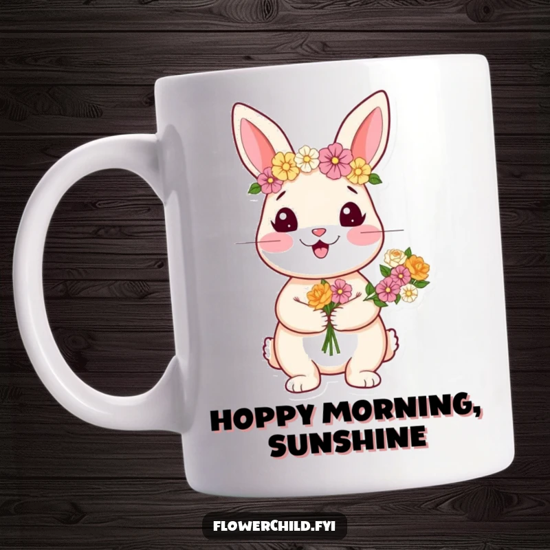 Funny mug featuring a happy rabbit wearing a flower crown, holding a vibrant bouquet, radiating joy.