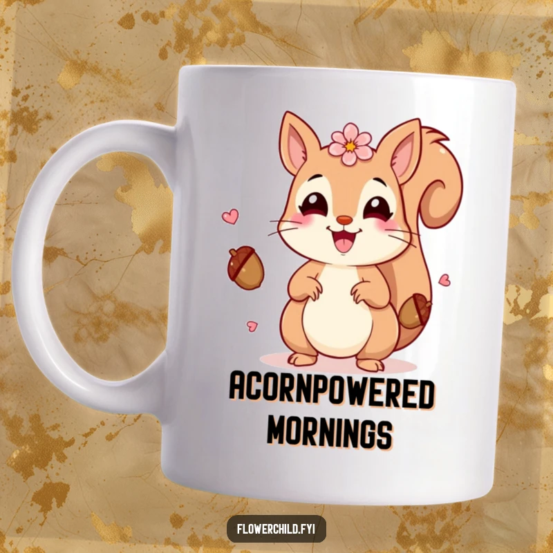 Funny Squirrel Petals Mug: A beaming squirrel adorned with petals joyfully juggles acorns, radiating funny woodland charm.