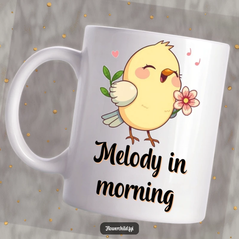Funny birdsong joy mug, a happy bird with a flower behind its ear singing a joyful tune.