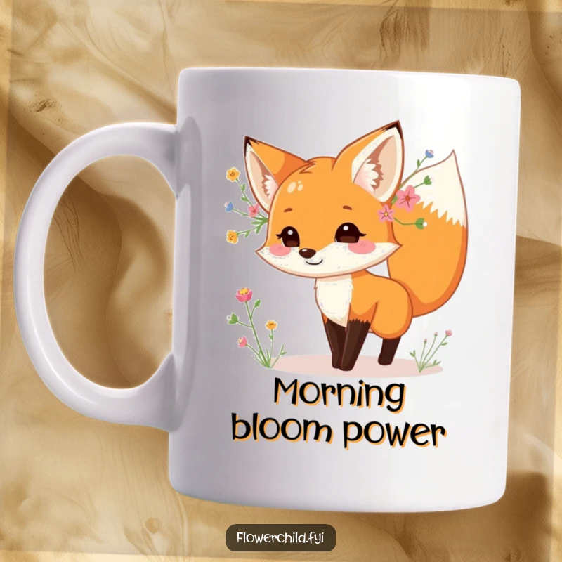 Funny fox mug, with wildflowers behind its ear, dancing playfully, whimsical and charming design, perfect funny gift.