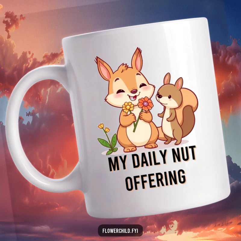 Funny squirrel mug showing a jovial squirrel kindly offering a flower to another woodland creature, embodying friendship and generosity.