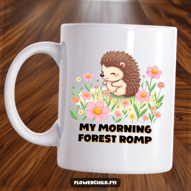Funny mug featuring a happy hedgehog character rolling playfully through a vibrant field of blooming flowers, capturing pure joy.
