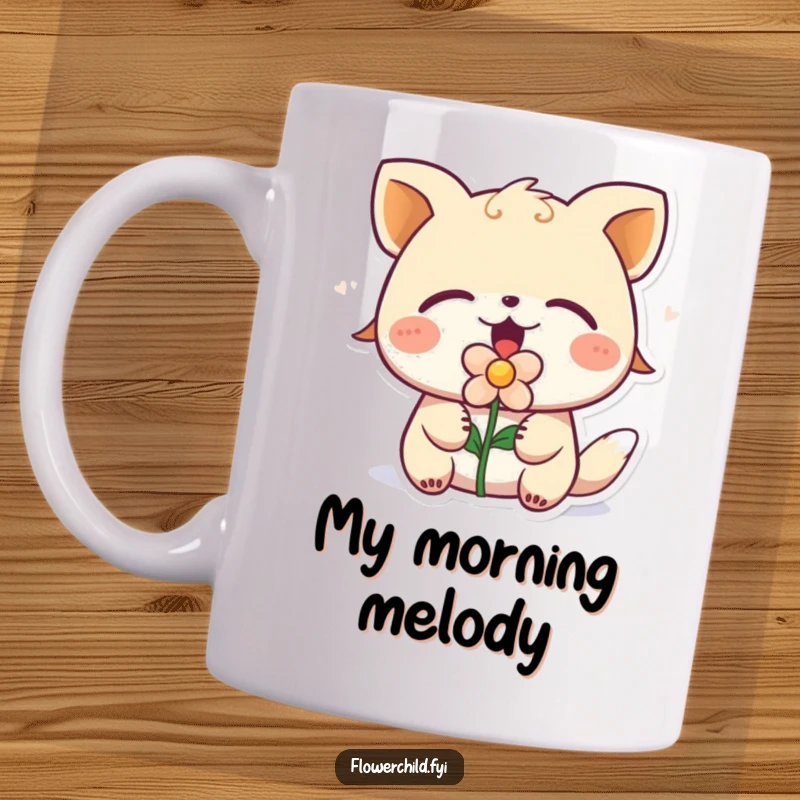 Funny singing animal with eyes closed, holding a flower in its mouth, on a mug, perfect for music enthusiasts.
