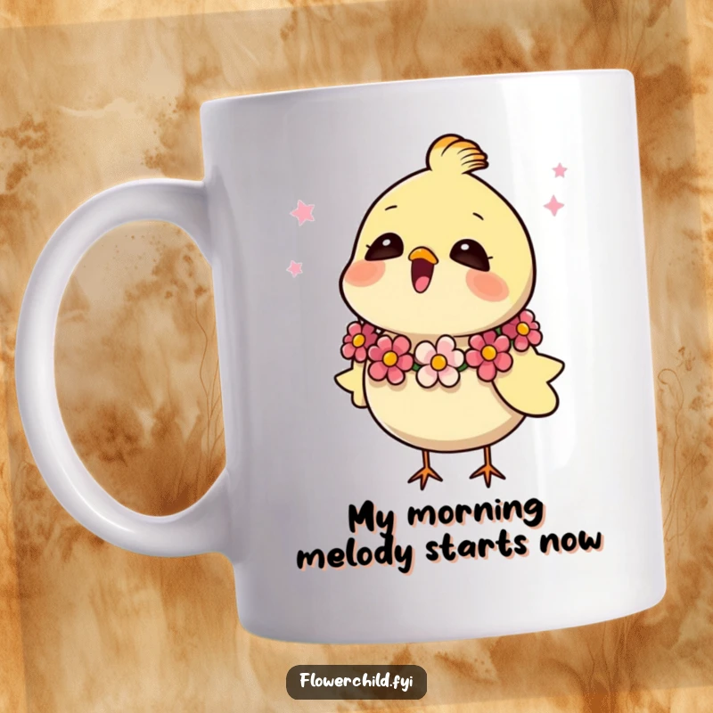Funny bird mug with a flower garland around its neck, happily singing a cheerful tune, bringing joy.