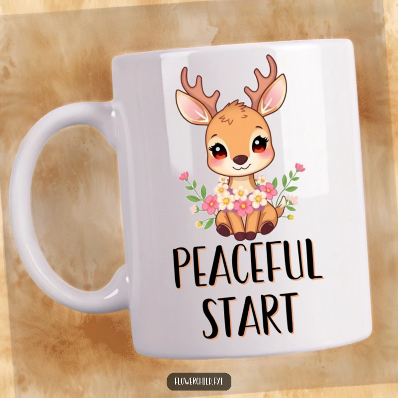 Funny gentle deer mug with a beautiful garland of flowers around its neck, exuding peace and woodland elegance.
