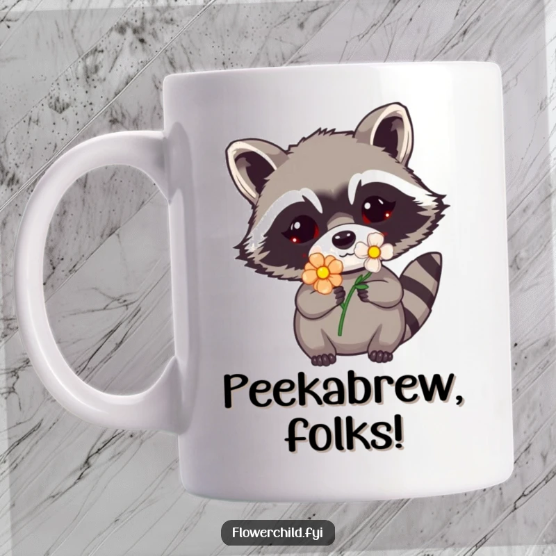 Funny raccoon mug showing a sly raccoon with a flower on its mask peeking out, exuding playful mischief and humor.