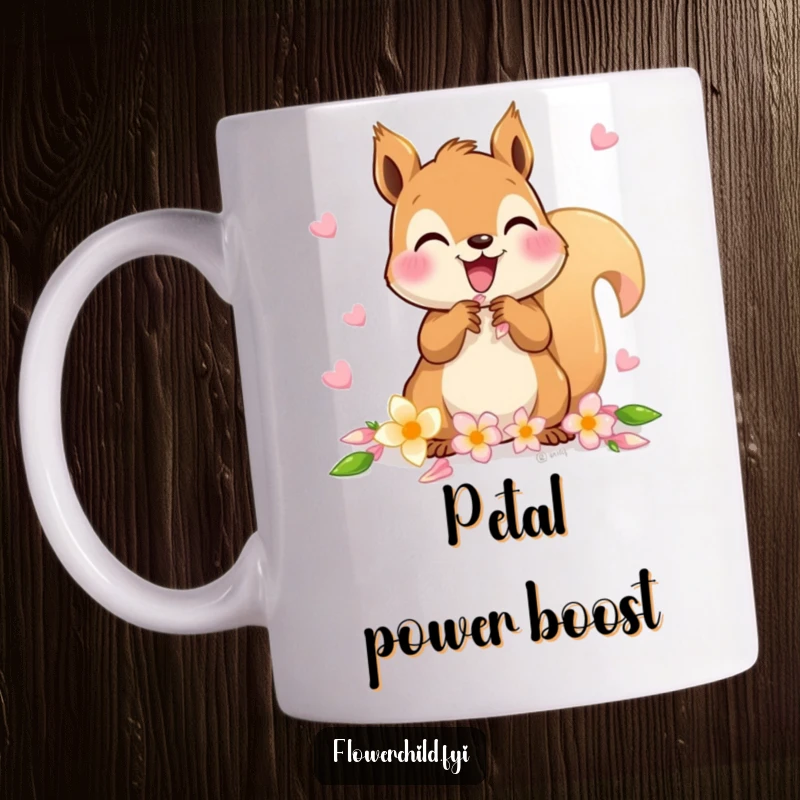 Funny mug featuring a delighted squirrel character busily gathering colorful petals to make a flower chain.