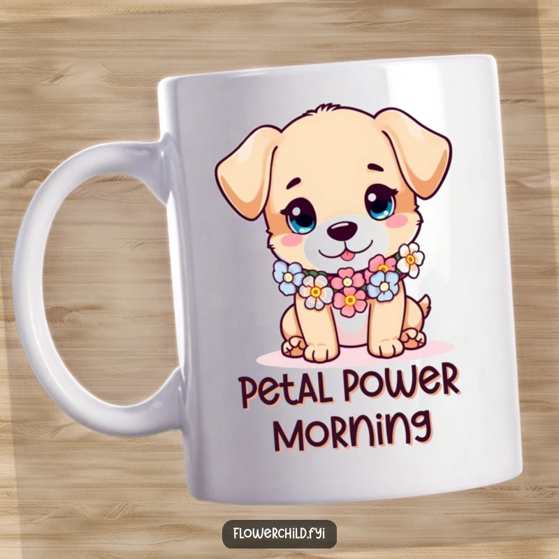 Funny puppy garland mug, a mischievous puppy wearing a flower garland around its neck like a scarf, radiating cuteness.