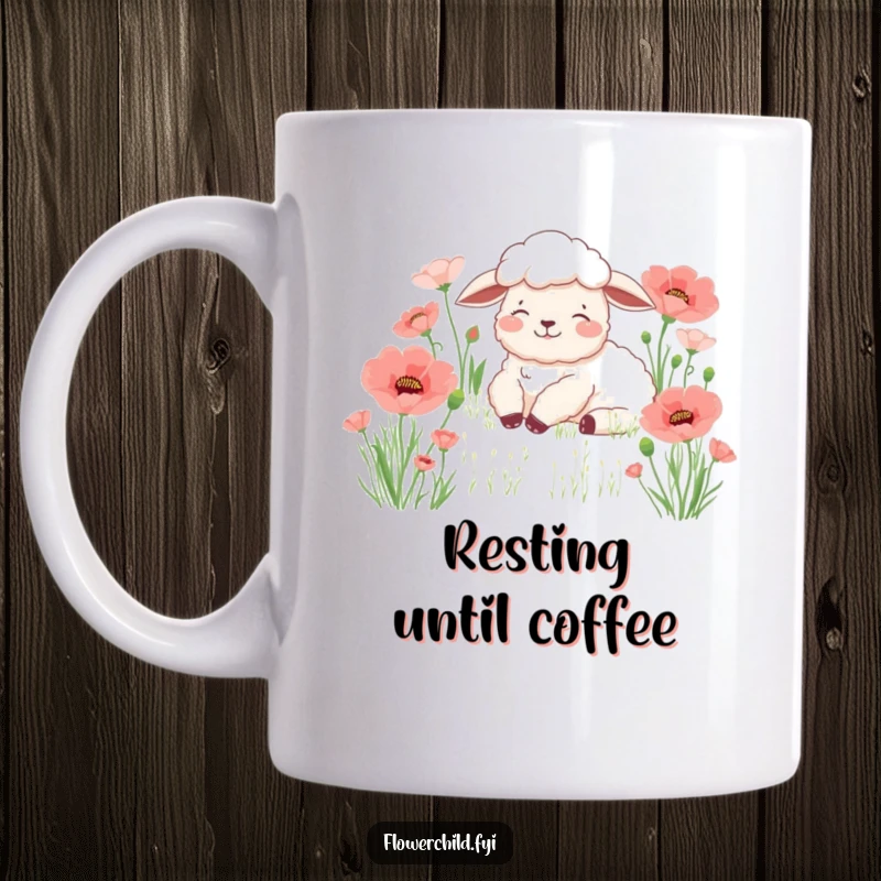 Funny sheep mug, a fluffy, content lamb peacefully resting in a picturesque field of bright red poppies, evoking serenity.