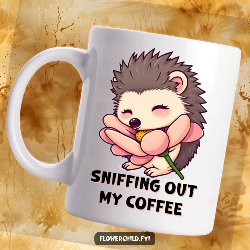 Funny hedgehog flower mug, a curious hedgehog character sniffing an oversized vibrant flower, exploring nature's beauty.