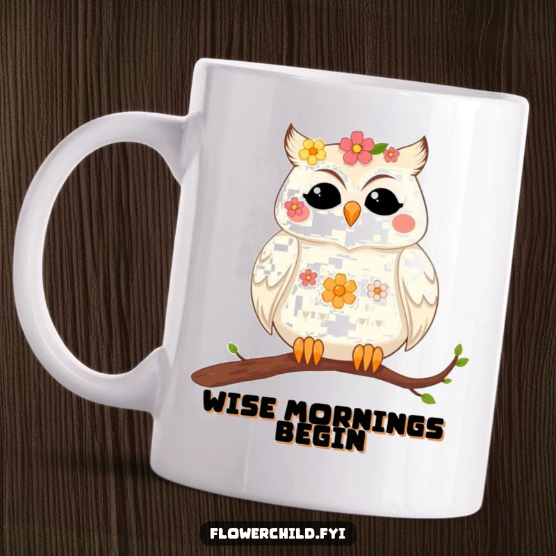 Funny mug depicting a contented owl with flowers nestled in its feathers, resting peacefully on a tree branch.