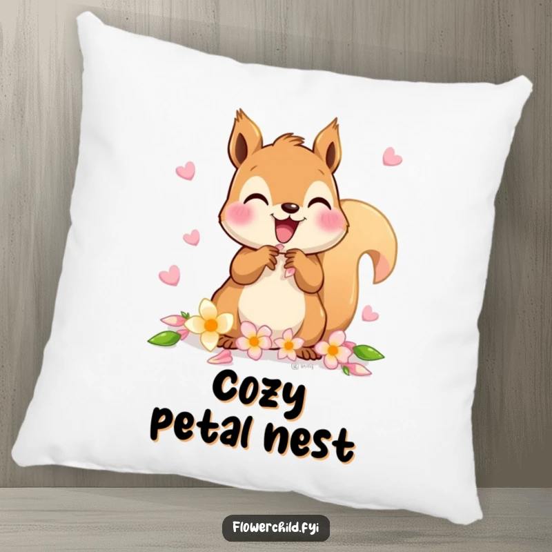 Funny pillow featuring a delighted squirrel character gathering petals for a flower chain.