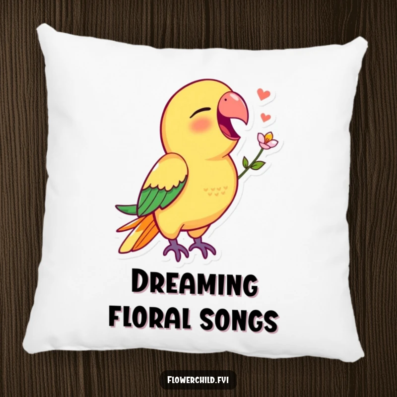 Funny parrot pillow featuring a vibrant parrot singing with a flower in its beak, adding cheerful decor.