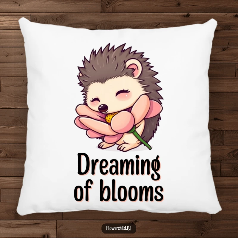 Funny hedgehog pillow, a curious hedgehog character smelling an oversized flower, soft and decorative cushion for nature lovers.