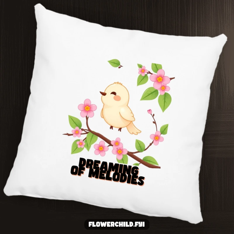 Funny pillow featuring a serene bird character perched on a blooming vine, singing joyfully.
