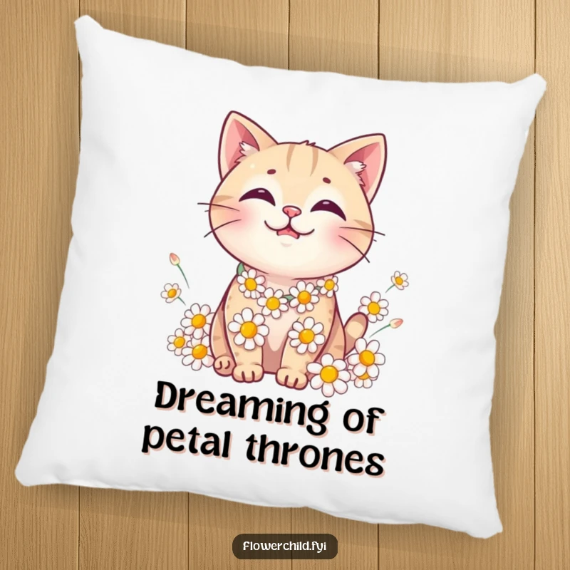 Funny Cat Daisy Chain Pillow: A decorative pillow with a smiling cat wearing a daisy crown.