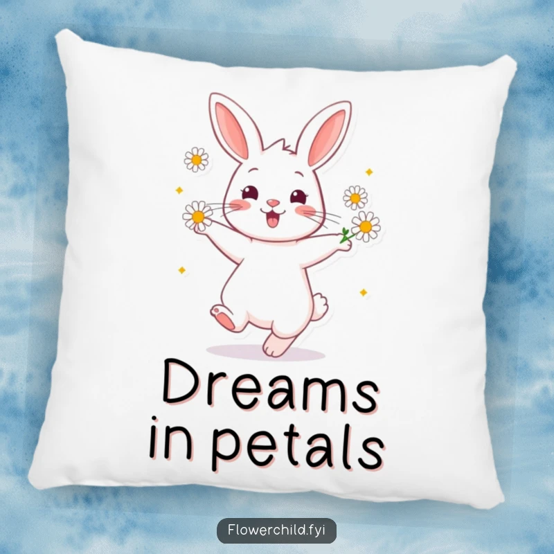 Funny Pillow featuring a cheerful rabbit twirling happily with daisies around its ears, perfect for cozy spaces.