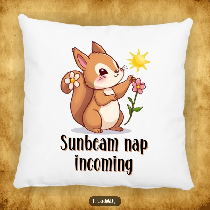 Funny squirrel pillow, a curious squirrel with a flower behind its ear basking in a sunbeam, offering comfort and natural beauty.