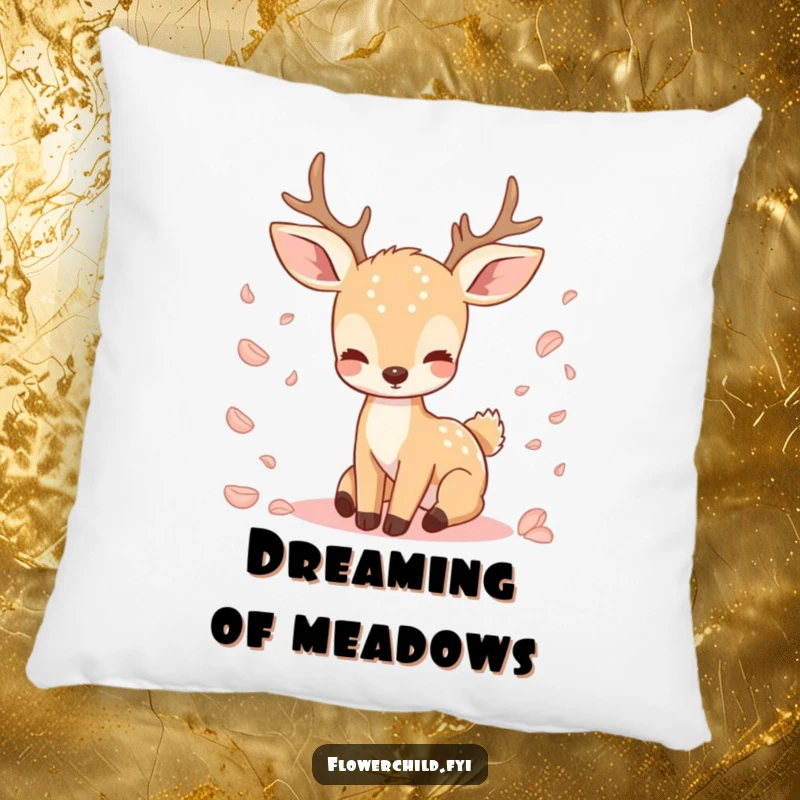 Funny decorative pillow showcasing a serene deer amidst a gentle cascade of flower petals, adding comfort and charm.
