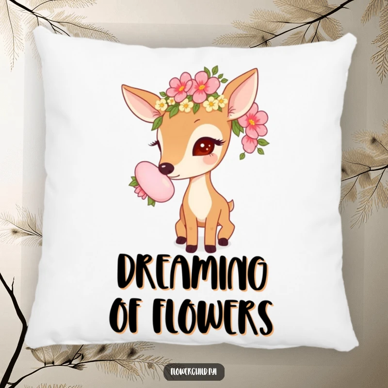 Funny decorative pillow featuring a curious deer adorned with a flower garland, sniffing a large, beautiful bloom.