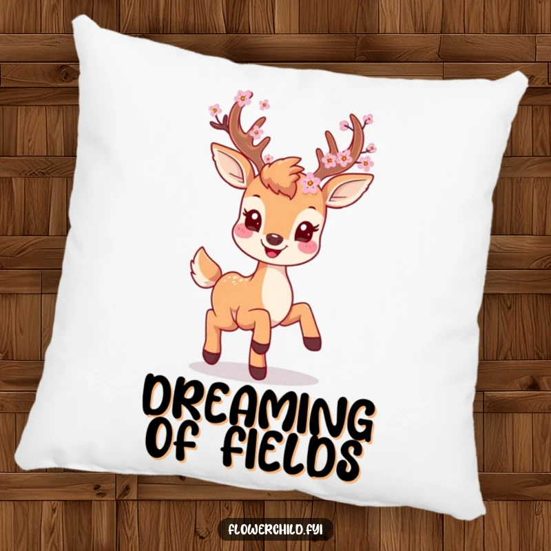 Soft decorative pillow featuring a smiling deer with blossoms on its antlers, prancing playfully.