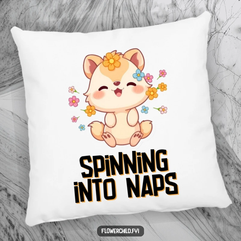 Funny pillow with an animal character covered in flowers, spinning with gleeful abandon, perfect for relaxation.