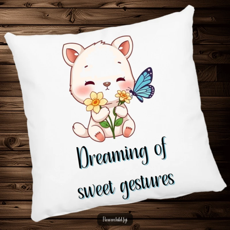 Funny pillow with a gentle animal character offering a flower to a tiny butterfly, perfect for comforting decor.