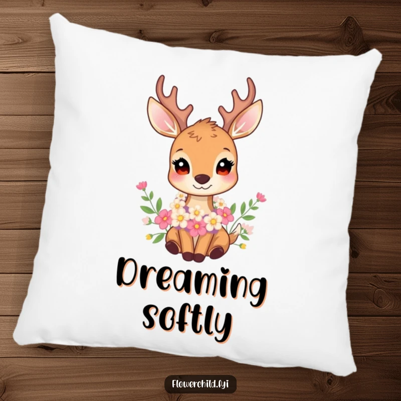 Funny pillow featuring a gentle deer adorned with a flower garland, adding a touch of serene woodland beauty to any room.