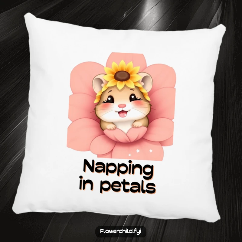 Funny and soft pillow with a giggling hamster wearing a sunflower headpiece, peeking from a flower, comfortable decor.
