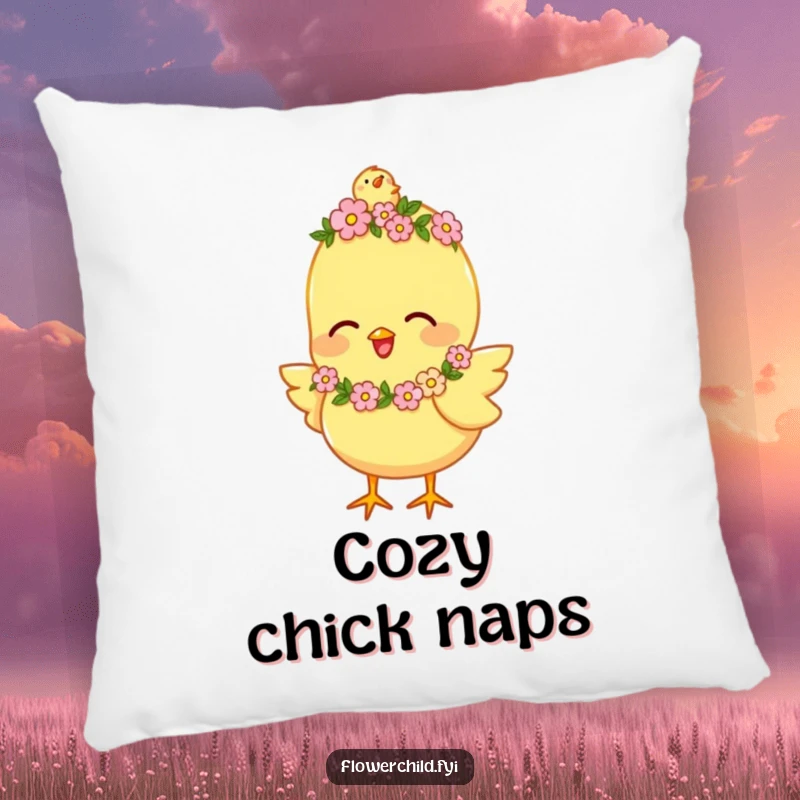 Funny Pillow featuring a happy chick wearing a tiny flower garland, chirping joyfully, perfect for cozy spaces.