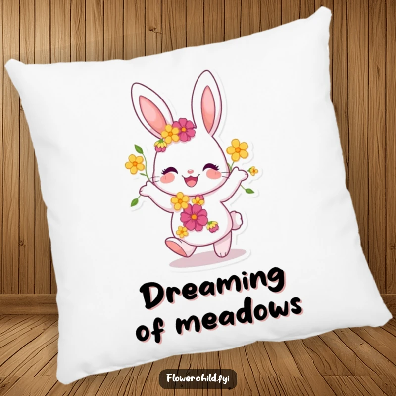Funny Bunny Pillow: A joyful bunny with flowers dances playfully on this soft pillow, bringing whimsical comfort and cheer.