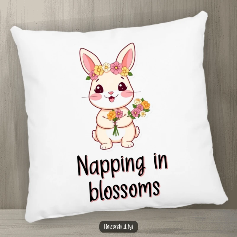 Funny pillow featuring a happy rabbit character wearing a flower crown and holding a charming bouquet.