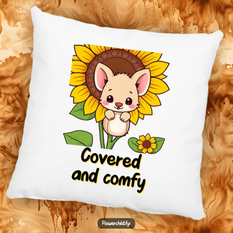 A soft funny shy animal character hiding behind a big sunflower, designed beautifully on a comfortable pillow.
