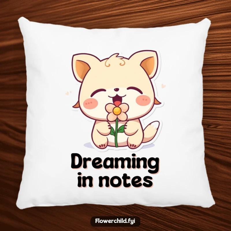Soft funny singing animal character with eyes closed, a flower in its mouth, designed on a comfortable pillow.