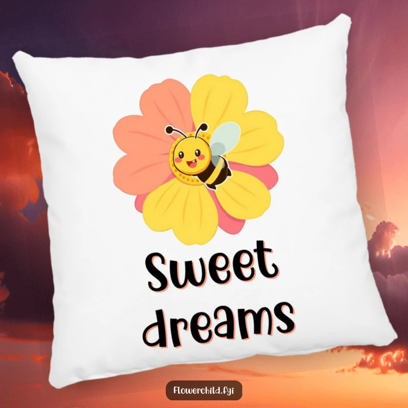Funny pillow featuring a smiling bee buzzing around a large, colorful flower, adding a cheerful garden touch to any room.