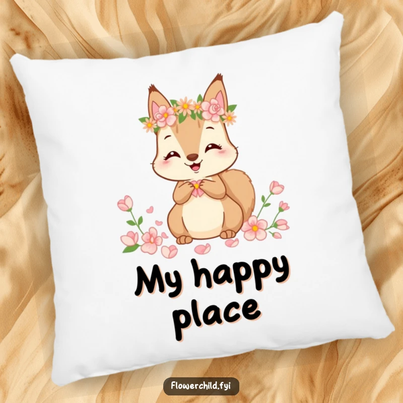 Funny Pillow featuring a cute squirrel in a flower crown, happily gathering petals, adding comfort and cute decor.
