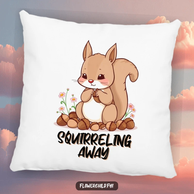 Funny decorative pillow featuring a content squirrel hoarding acorns and tiny flowers, perfect for cozy spaces.