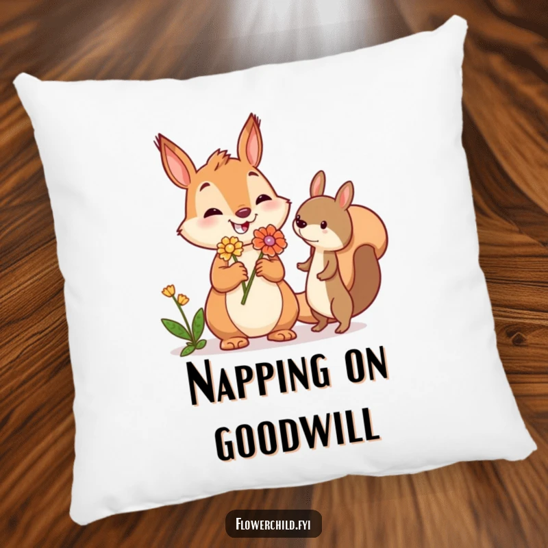 Funny squirrel pillow depicting a jovial squirrel offering a flower to another creature, perfect for adding soft comfort and a heartwarming touch.