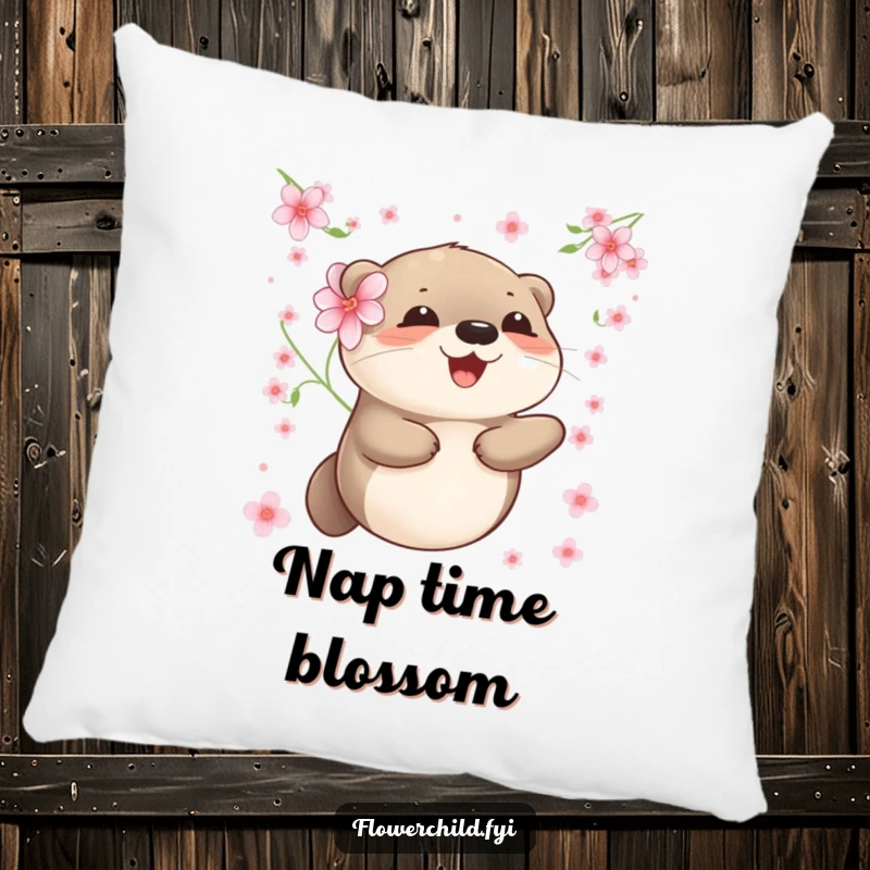 Funny otter pillow featuring a smiling otter holding a flower, floating gracefully among gentle blossoms.
