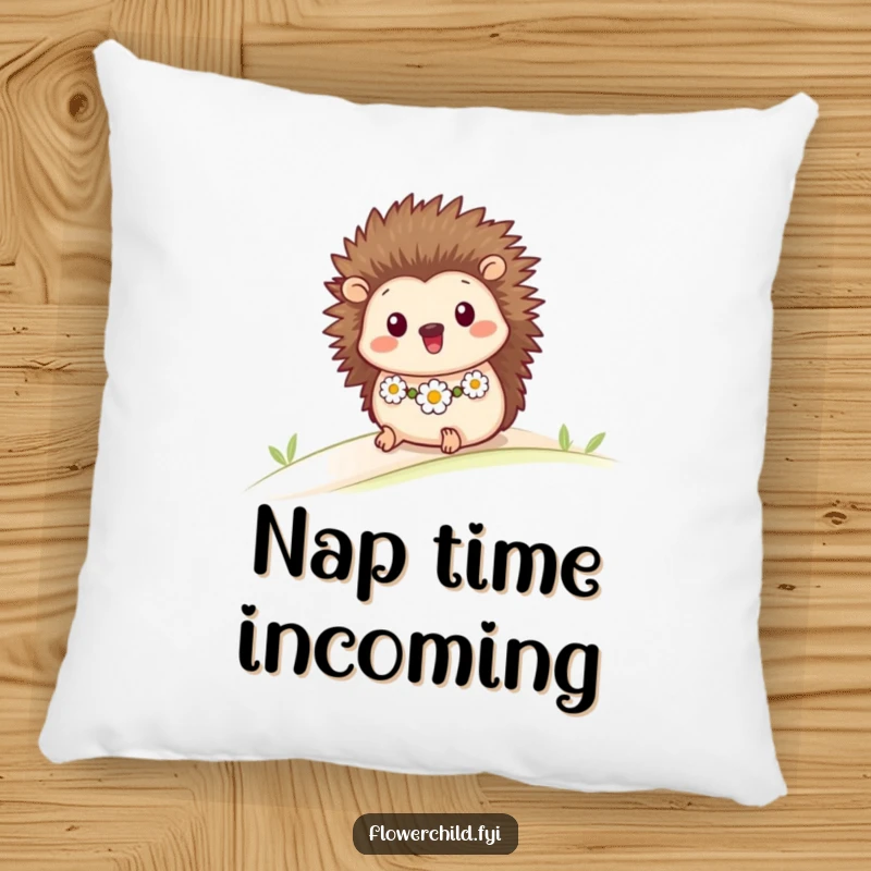 Funny decorative pillow featuring a happy hedgehog wearing a daisy chain, joyfully rolling down a grassy slope.