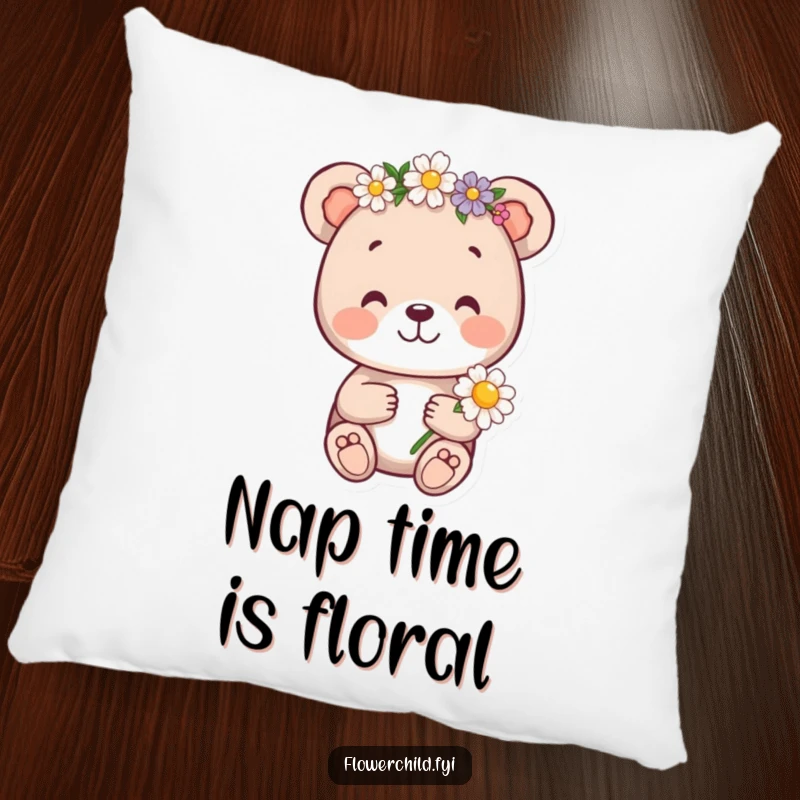 Funny bear cub pillow, a cheerful bear cub with a flower crown holding a daisy, offering comfort and woodland charm.
