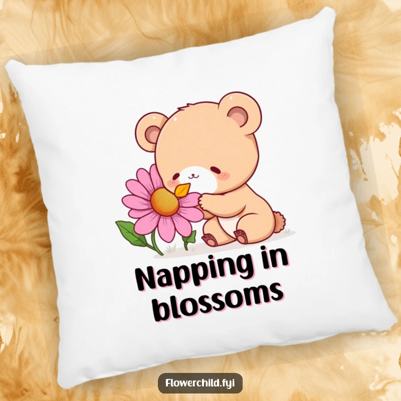 Funny Pillow featuring a curious bear cub delightedly sniffing a giant, colorful wildflower, perfect for cozy spaces.
