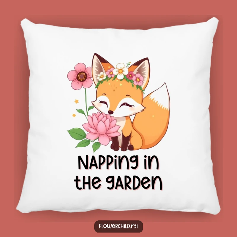 Funny Fox Flower Crown Pillow: Cozy Curious Bloom Accent