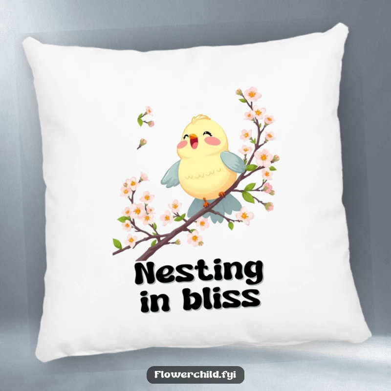 Funny pillow with a joyful bird singing among blossoming branches, adding cheerful comfort and artistic charm.