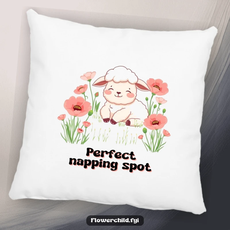 Funny sheep poppy pillow, a content sheep resting peacefully in a field of vibrant poppies, offering serene and humorous comfort.