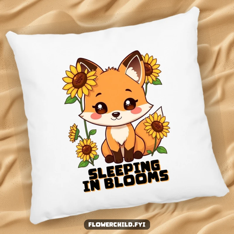 Funny pillow featuring a playful fox with sunflowers sprouting from its fur.