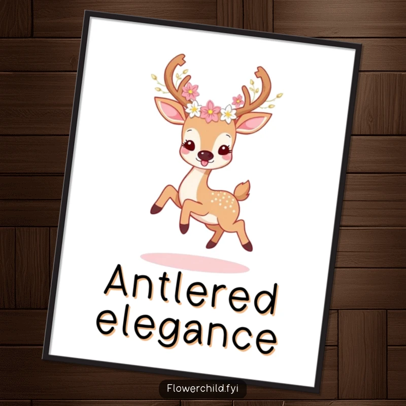 Funny deer flower digital art print of a deer with floral antlers prancing joyfully, creating a humorous and enchanting scene.