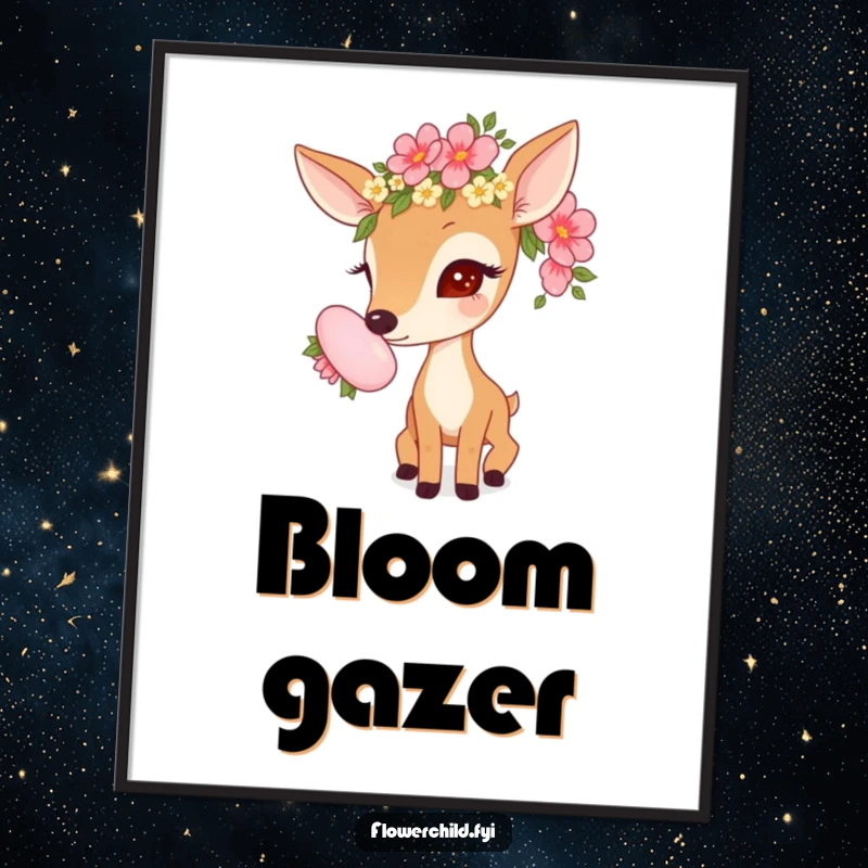 Funny printable art of a curious deer with a flower garland, sniffing a large bloom, evoking woodland tranquility.