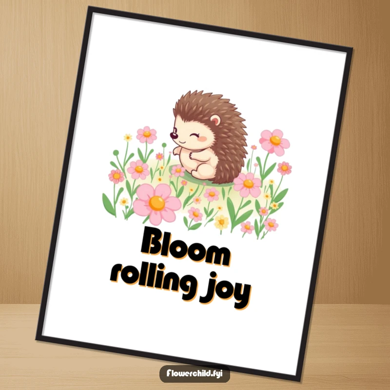 Funny digital art print capturing a joyful hedgehog character rolling through a vibrant flower field, ideal for instant, cheerful wall decor.